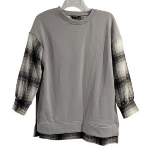 ChicMe Womens Grey Plaid Mixed Media Sweatshirt Long Sleeve Crew Neck Large